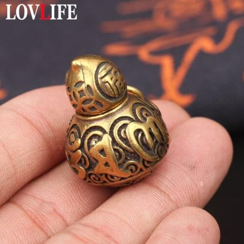 Pure Copper Buddhism Mantra Hollow Gourd Pendants Small Open Stoage Bottle Brass Lucky Blessing Amulet Keychains Hanging Jewelry