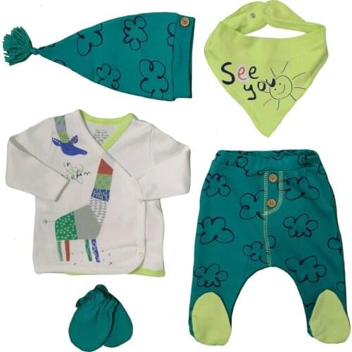 Giraffe Printed 5 Piece Shirt Pants Gloves Hat Bib Green Male Baby Newborn Gift Set