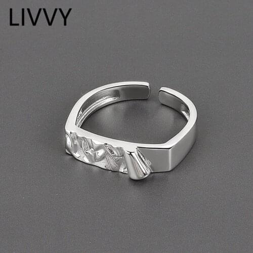 LIVVY Silver Color Rectangle Irregular Concave-Convex Face Adjustable Ring Female Unique Design Jewelry Party Gift