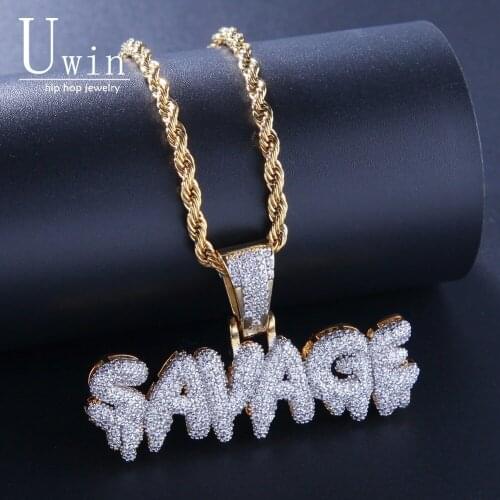Uwin SAVAGE Pendant Cubic Zirconia Letters & Chains Fashion Hiphop Gold Color Necklace For Men Jewelry