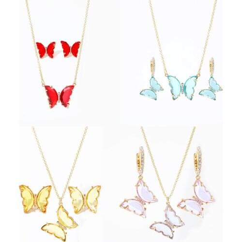 Wgoud Novelty Colorful Crystal Butterlfy Jewelry Set 2020 Fashion Resin Acrylic Necklace And Earring Set For Women Couple