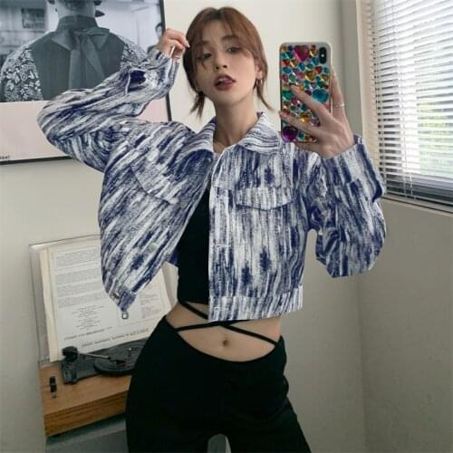 Vintage Blue Tie Dye Denim Jacket Women Washed Black Short Coat Autumn Casual Harajuku Lapel Long Sleeve Jeans Jaqueta Feminina