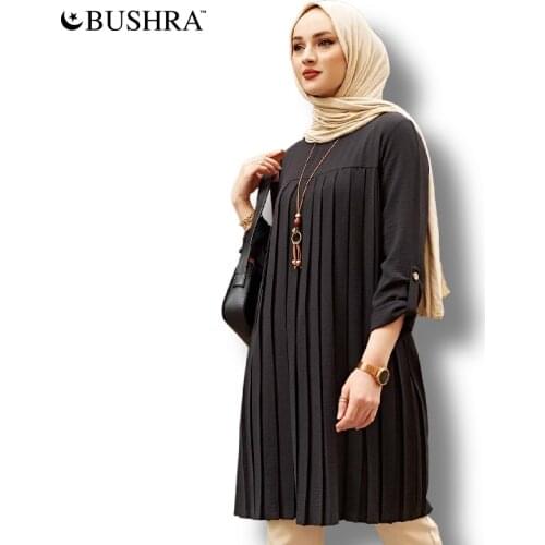 BUSHRA Pleated Tunic Tunic Women Long sleeve Plus Tops Vintage Blouse Turtleneck Plaid Summer Spring Warm Shirt Clothes Ladie