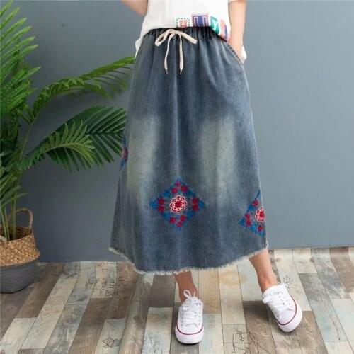 Spring Womens Floral Embroidery Midi Denim Skirt Vintage Elegant Plus Size Distress Elastic High Waist Long Jeans Skirts Female