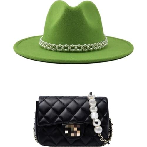 Winter women hat wide brim shallow top fedora hat pure color pearl fashion black jazz top hat ladies bag casual hat