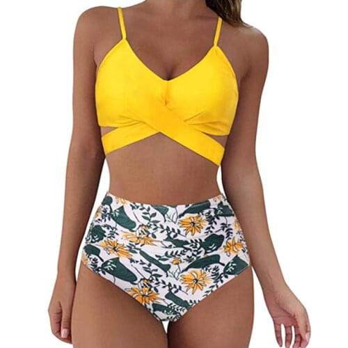 Female Two-Piece Bathing Suit Solid Color Spaghetti Strap Bikini Tops+ Leopard Print Bikini Panties Yellow/Black/Blue