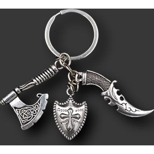 WKOUD 1pcs Silver Plated Metal Saber Tomahawk Keychain Military Shield Keychain Creative Handmade Keychain A1526