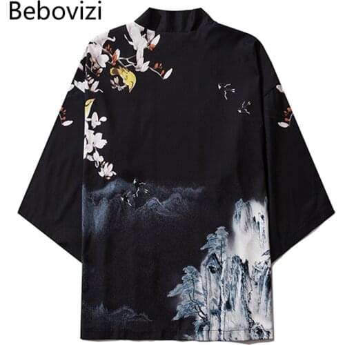 Bebovizi Chinese Style Vintage Print Kimono Women Cardigan Yukata Japanese Streetwear Men Tradition Girl Clothing 2020