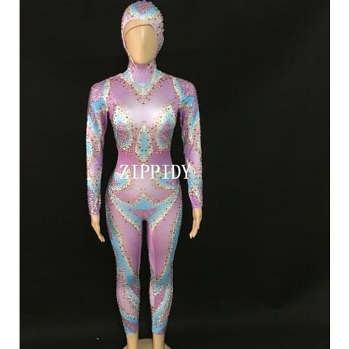 Sparkly Purple Blue Rhinestone Jumpsuit Stretch Dance Headdress Outfit Female Singer Evening Prom Celebrate Sexy Bodysuit Wear