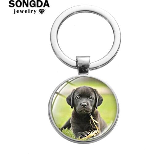 SONGDA Pet Dog Keychain Lovely Animal Jewelry Family Gift Labrador Border Collie Pug Pomeranian Art Picture Glass Dome Key Chain