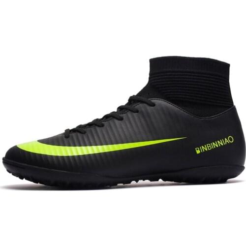 ZHENZU Turf Black Men Soccer Shoes Kids Cleats Training Football Boots High Ankle Sport Sneakers Size 35-45 Dropshipping