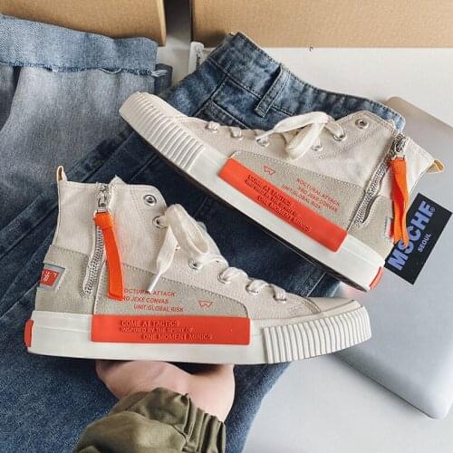 Beige Designer Canvas Sneakers Men Trending Vulcanized Shoes Men Spring and Autumn High top Flat Casual Shoes Men zapatillas lon