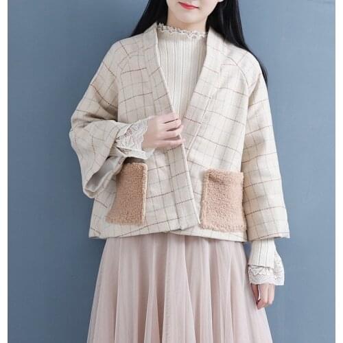 Chinese Fashion Clothes Winter Jackets Ladies Tops Streetwear Womens Plaid Wool Coats Vintage Loose Oversized Cardigans FF2486