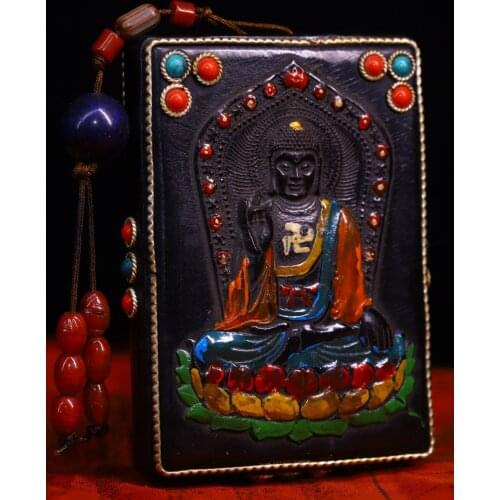 3"Chinese Folk Collection Old Natural horns Tracing mosaic gem Dzi Bead Shakyamuni Buddha Pendant amulet Town House