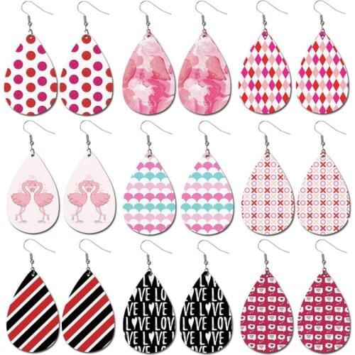 Valentines Day Print Love Heart Leather Earrings New Water Drop Creative Female Earrings Fashion Ear Jewelry Gifts Wholesale