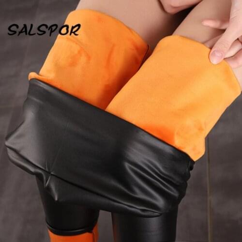 SALSPOR Thick PU Leather Leggings Keep Warm Autumn Winter Women Plus Velvet Leggings High Waist Sexy Large Size Fashion Pants