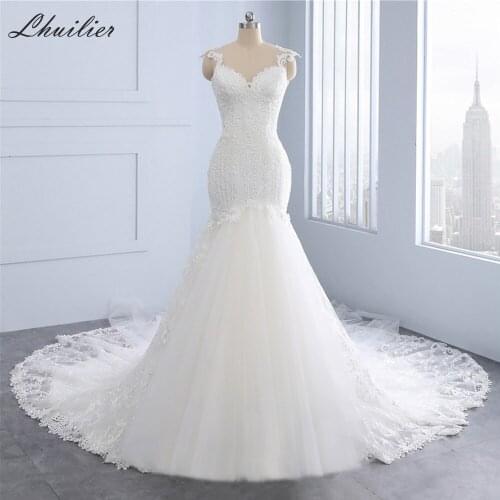Lhuilier Sequined Mermaid Lace Wedding Dresses 2020 Sleeveless Illusion Back Pearls Beaded Bridal Dress Tulle Wedding Gown