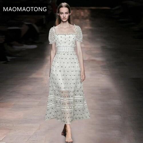 Fashion Designer Dress Summer Womens Dress Square Collar Backless Puff Sleeve Lace Hollow Out Slim Elegant Dresses