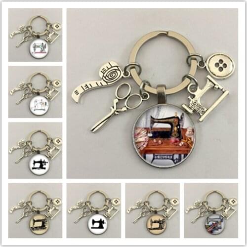 Fashion New Sewing Jewelry Tailor Art Pendant Glass Keychain Sewing Machine Keychain Clothing Designer Tailor Memorial Gift