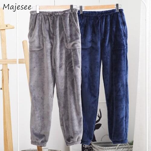 Sleep Bottoms Men 2020 Solid Simple All-match Winter Thicker Plus Velvet Warm Pockets Leisure Flannel Soft Mens Drawstring Chic