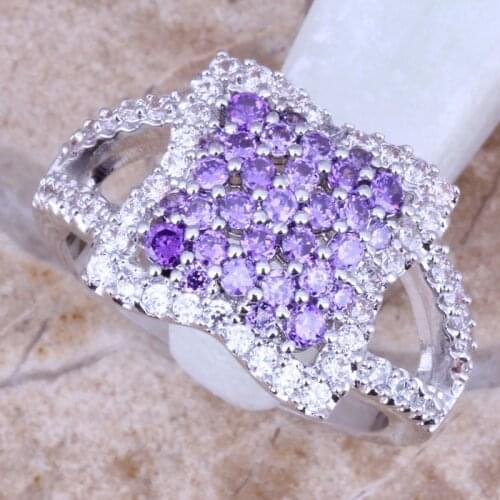 Noblest Purple Cubic Zirconia White CZ Silver Plated Fashion Star Ring Size 6 / 7 / 8 / 9 E110