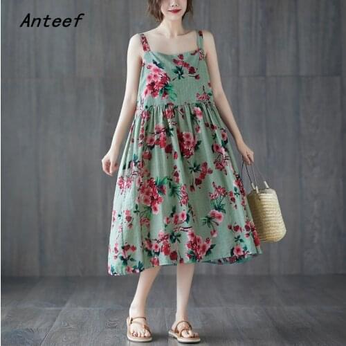 Spaghetti strap plus size cotton linen vintage floral dresses for women casual loose summer dress elegant clothes 2021 sundress