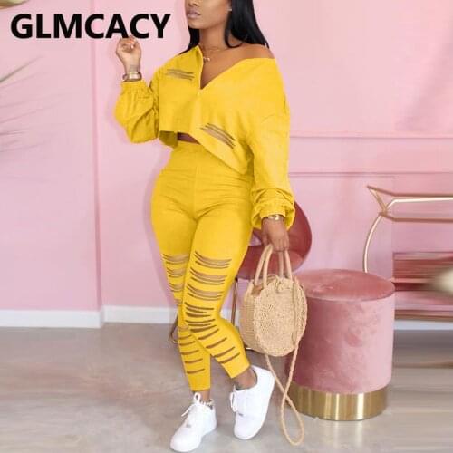 Two Piece Ripped Suits Long Sleeve V Neck Top & Slim Pants Set Tracksuit