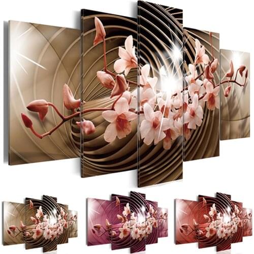 Modern Painting Canvas 5 Panels HD Gold Floral Orchid Wall Art Picture Equisite Background Home Decoration Living Room Decor