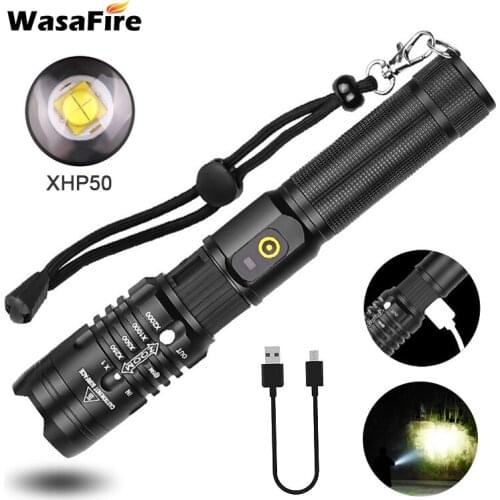 WasaFire Super Powerful LED Flashlight XHP50 Zoomable Handlamp Waterproof USB rechargeable Ultra Bright Lantern for camping