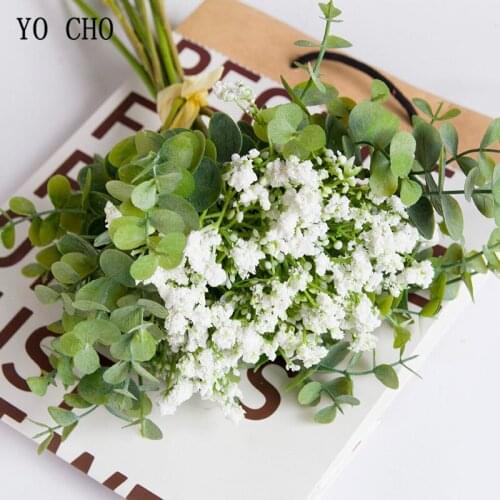 YO CHO Artificial Babys Breath Flower Bouquet Bridesmaid Wedding Flower Girl Bouquet Forest Style Eucalyptus Leaves Home Decor