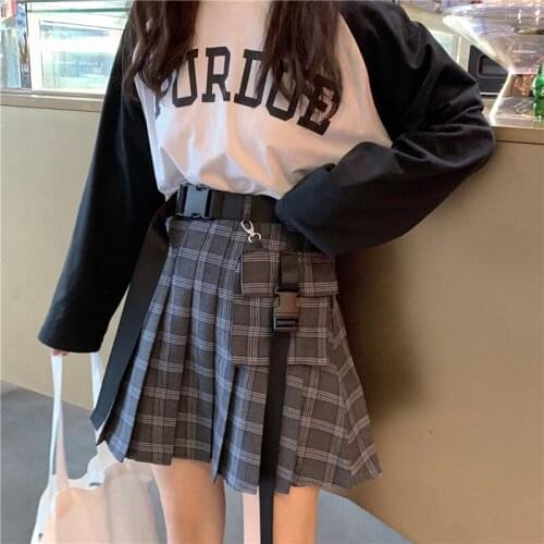 Women Streetwear Harajuku Gothic Gry Casual Plaid Pleated Skirt Punk Style High Waist Short Mini Skirts With Belt Chain 4XL