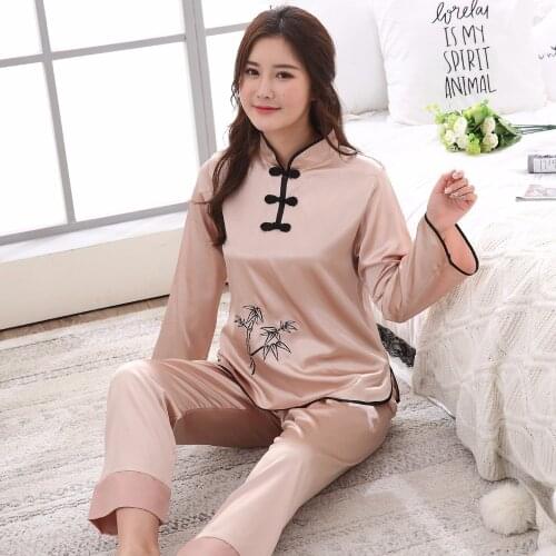 Women Long Sleeve Shirt&Full Pant Pajamas Set Chinese Style Satin 2PCS Pyjamas Suit Girl Vintage Button Soft Sleepwear M-XXL