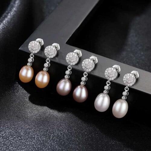100% 925 Sterling Silver Cubic Zircon Round Stud Earrings For Women Natural Freshwater Pearl Earring Party Gifts Fashion Jewelry