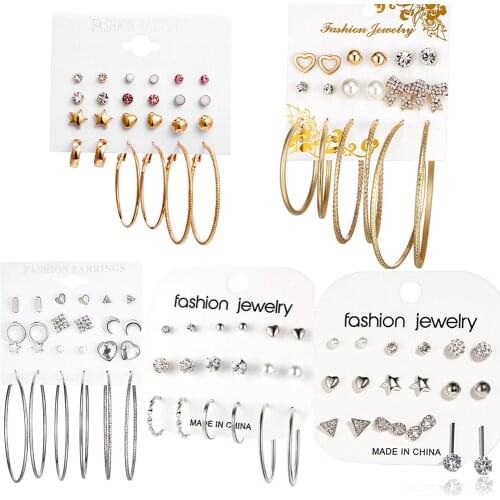 IF YOU Vintage Geometric Crystal Earrings Set For Women Fashion Star Mix Gold Silver Color Round Brincos Stud Earring Jewelry