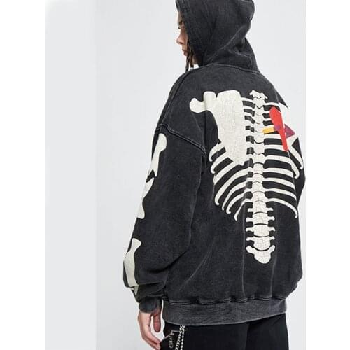 Zip-up women korean style skull print hoodies Vintage solid Balck long sleeve oversized hooded Sweatshirt Y2K female casual