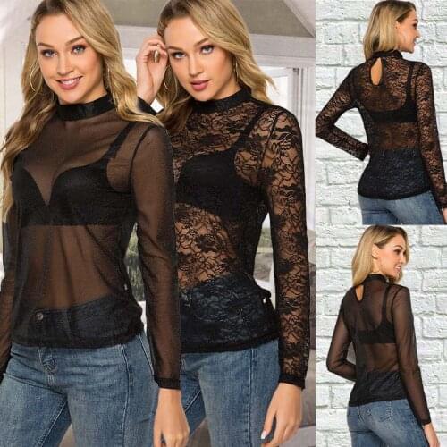 Women Sheer Mesh Fish Net Long Sleeve Turtle Neck Top T-Shirt Female Transparent See Through Black Tops