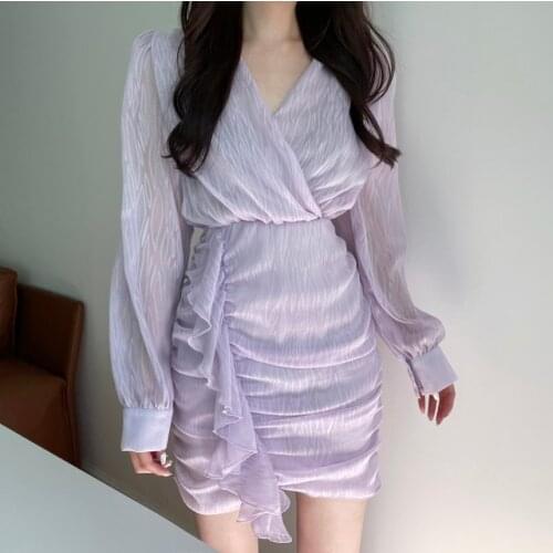 New Autumn Folds Dress Women Temperament V-neck Puff Sleeve Elegant Ruffles Bodycon Mini Dresses Korean Chic Robe Femme Vestidos