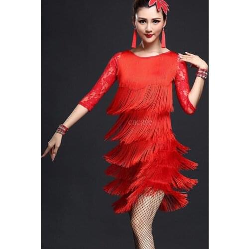 CACARE Latin Dance Dress Women Latin Dance Competition Dresses Fringed Dress Salsa Costumes Shirt Skirt 2pcs D0047 Tassels Lace