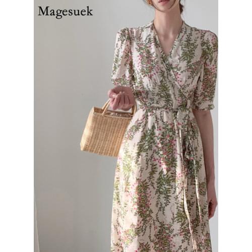 Chic Lace-Up Floral Dress Women Summer Korean Sexy Plus Size Print Dress Party Robes Casual Slim Midi V-neck Long Dresses 14518