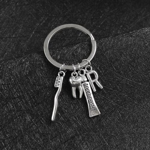 Toothbrush Toothpaste Keychain DIY Alloy Ancient Silver Teeth 26 Letters Pendant Keyring Oral Health Dentist Nurse Creative Gift