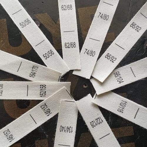 100PCS Beige cotton ribbon cloth print size label baby clothing 50/56 62/68 74/80 86/92 98/104 110/116 122/128 134/140 146/152