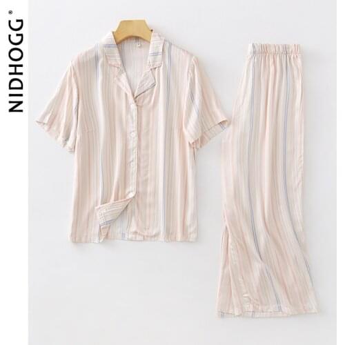 2021 Vertical Striped Pajamas for Women Short-sleeved Trousers Sleepwear Thin Loose-fitting Satin Lounge Wear 2 Piece Homewear