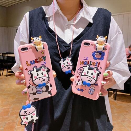 Luxury 3D Cartoon Milk Cow Doll Holder Stand lanyard Soft Case For OPPO A9 A5 A31 A53 2020 A91 A15 A93 A52 A94 F19 Pro Realme 5