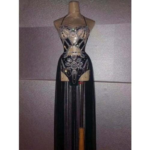 Black Siamese Hollow Singer Costume Christmas Halloween Club Bar Sexy Female Sparkly Costumes