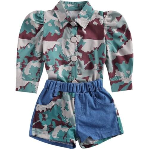 FOCUSNORM 1-6Y Summer Fashion Kids Girls Clothes Sets Camouflage Print Long Puff Sleeve Single Breasted Shirts Tops Denim Shorts