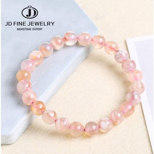 JD 8mm Natural Cherry Blossom Agate Stone Beads Smooth Round Mixed Charm Flower Gemstone For Jewelry Making DIY women Bracelet