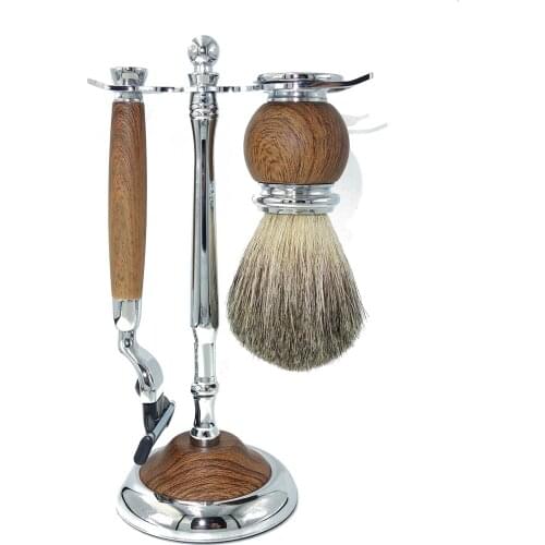 WLONG Classic Popular Badger Hair Rosewood Finish Handles Wet Shaving Brush Salon Barber Tool Set with Razor and Stand