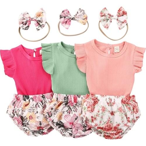 0-24M Newborn Infant Baby Girls Clothes Sets 3pcs Flowers Short Sleeve T Shirts Tops+Shorts+Headband