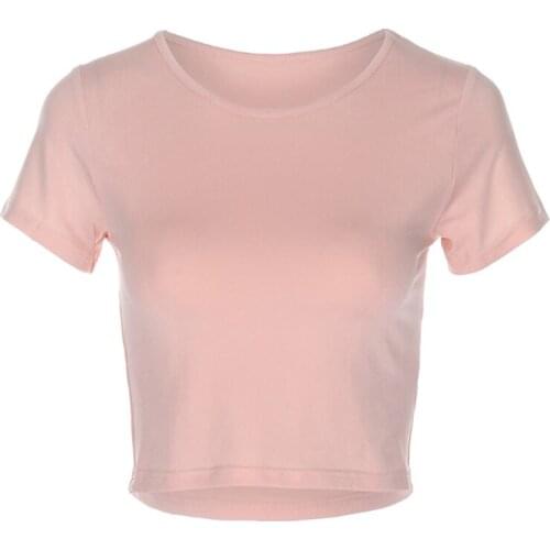 Women Crop Top T-Shirts Summer Short Sleeve Solid O Collar Cotton High Quality Sports Tees Low waist Slim Female Clothing