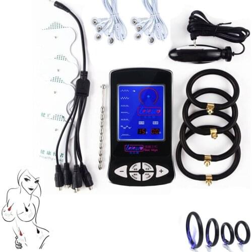 BDSM Electro Shock Masturbator Electric Stimulation Penis Plug Cock Ring, Urethral dilatation prostate massage 5 in 1 Cable Toys